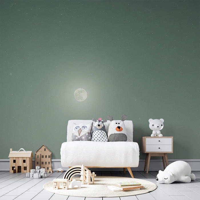 Χαρτί τοίχου βρεφικού δωματίου | Αστέρια νύχτας και λαμπερή σελήνη σε πράσινο φόντο