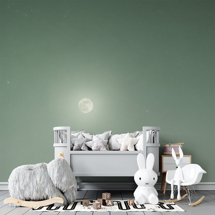 Χαρτί τοίχου βρεφικού δωματίου | Αστέρια νύχτας και λαμπερή σελήνη σε πράσινο φόντο