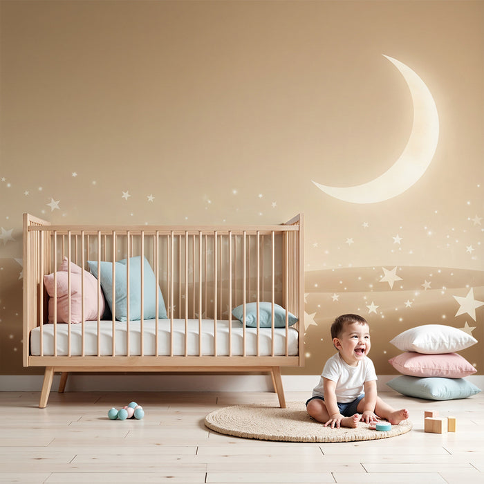 Lastenhuoneen tapetti | Tähtiyö ja lempeä kuu vaaleanbeigellä taustalla