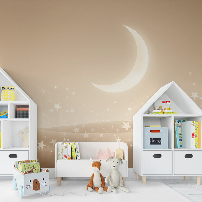 Lastenhuoneen tapetti | Tähtiyö ja lempeä kuu vaaleanbeigellä taustalla