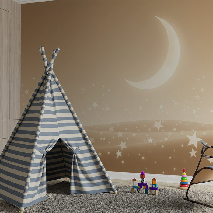 Lastenhuoneen tapetti | Tähtiyö ja lempeä kuu vaaleanbeigellä taustalla