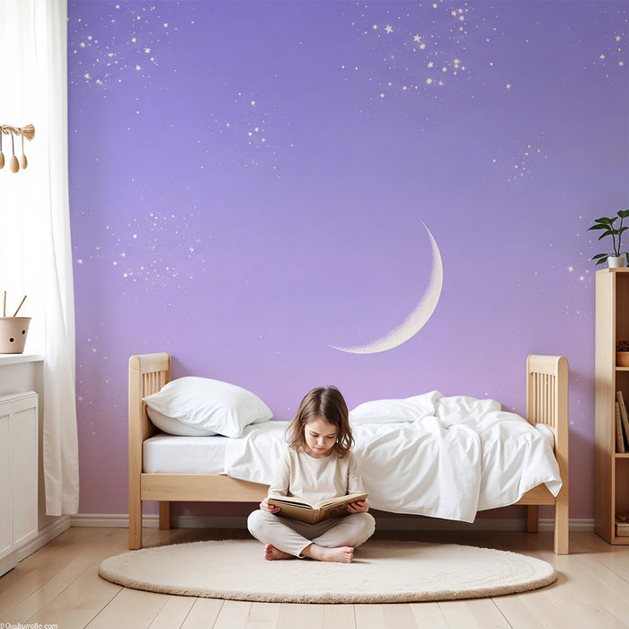Lastenhuoneen tapetti | Tähtiyö ja lempeä kuu vaaleanpunaisella pohjalla