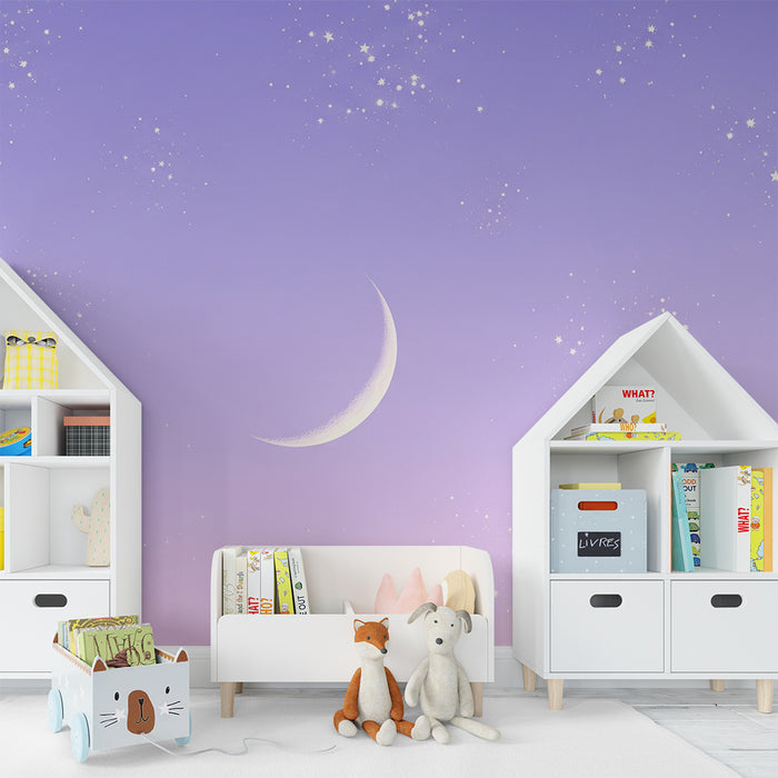 Lastenhuoneen tapetti | Tähtiyö ja lempeä kuu vaaleanpunaisella pohjalla