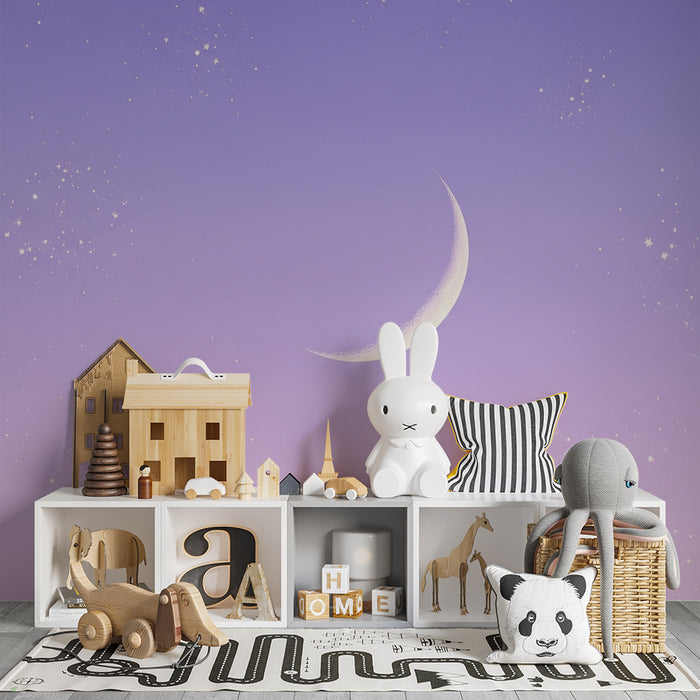 Lastenhuoneen tapetti | Tähtiyö ja lempeä kuu vaaleanpunaisella pohjalla