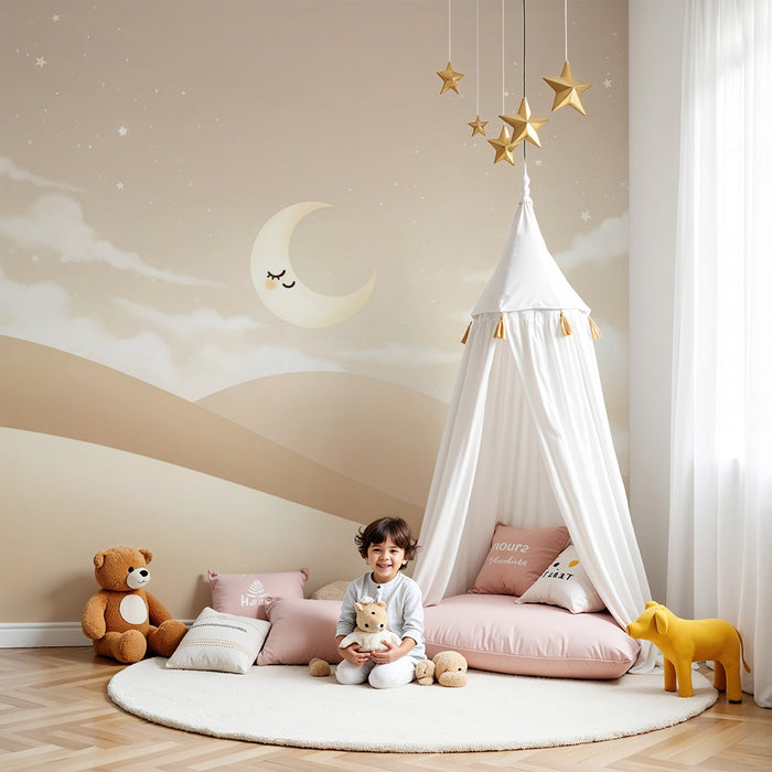 Papier peint chambre bébé | Nuit étoilée et lune souriante