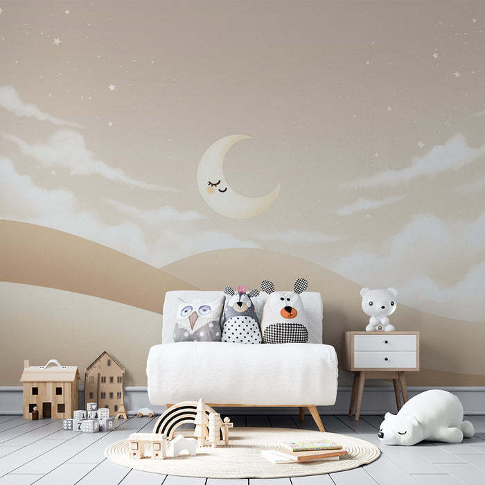 Papier peint chambre bébé | Nuit étoilée et lune souriante