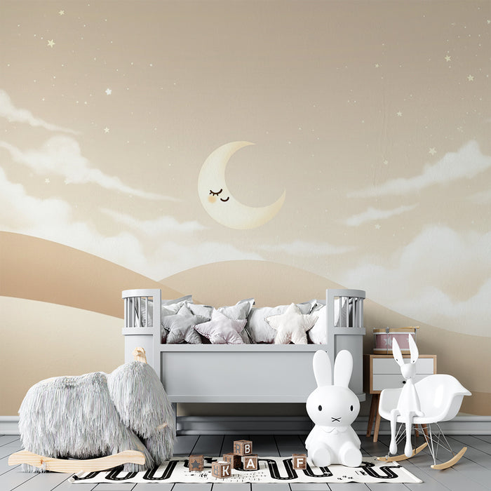 Papier peint chambre bébé | Nuit étoilée et lune souriante