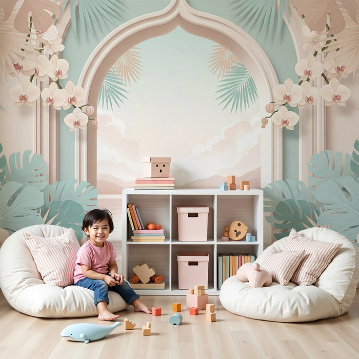 Papier peint chambre bébé | Oasis tropicale avec orchidées et feuillage luxuriant