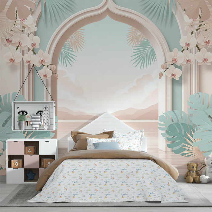 Papier peint chambre bébé | Oasis tropicale avec orchidées et feuillage luxuriant