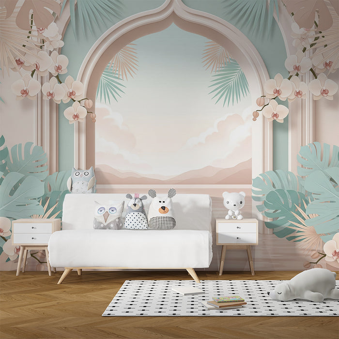 Papier peint chambre bébé | Oasis tropicale avec orchidées et feuillage luxuriant