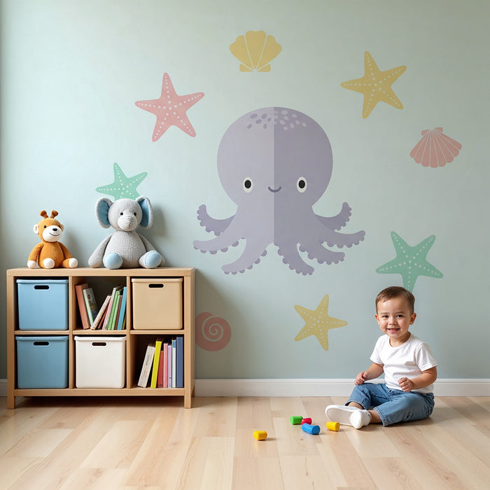 Barntapet | Söt bläckfisk omgiven av sjöstjärnor och färgglada snäckor