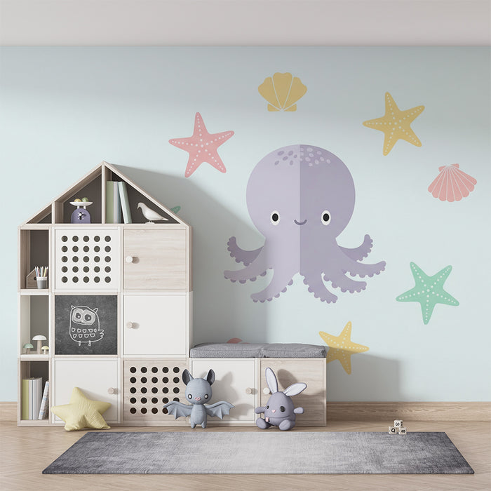 Barntapet | Söt bläckfisk omgiven av sjöstjärnor och färgglada snäckor