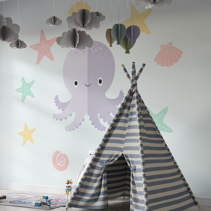 Barntapet | Söt bläckfisk omgiven av sjöstjärnor och färgglada snäckor