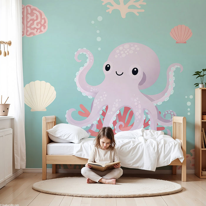 Tapet barnerom | Søt blekksprut og fargerike koraller under vannet