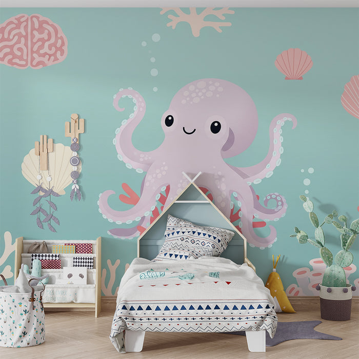 Tapet barnerom | Søt blekksprut og fargerike koraller under vannet