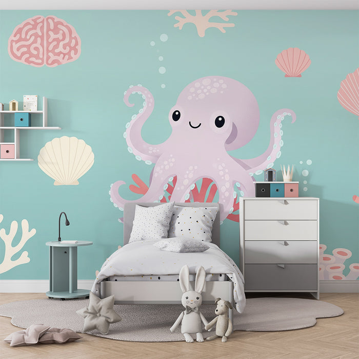 Tapet barnerom | Søt blekksprut og fargerike koraller under vannet