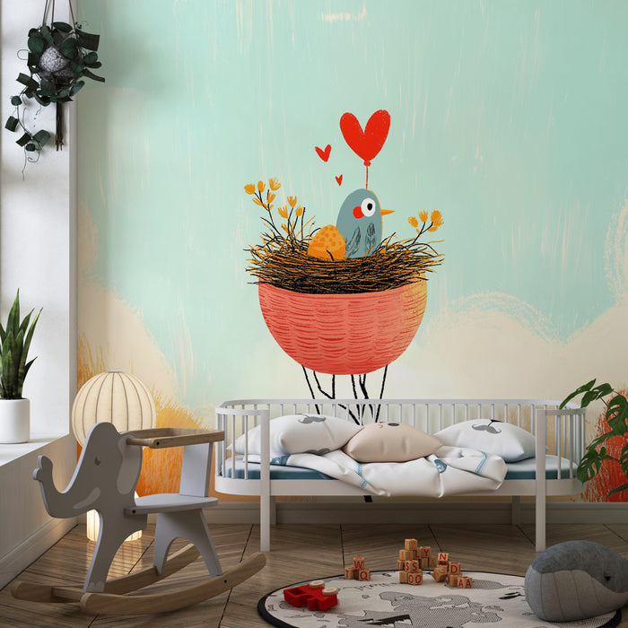 Papier peint chambre bébé | Oiseau dans son nid plein d'amour