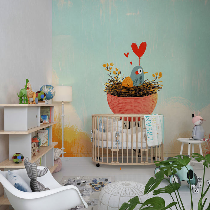 Papier peint chambre bébé | Oiseau dans son nid plein d'amour