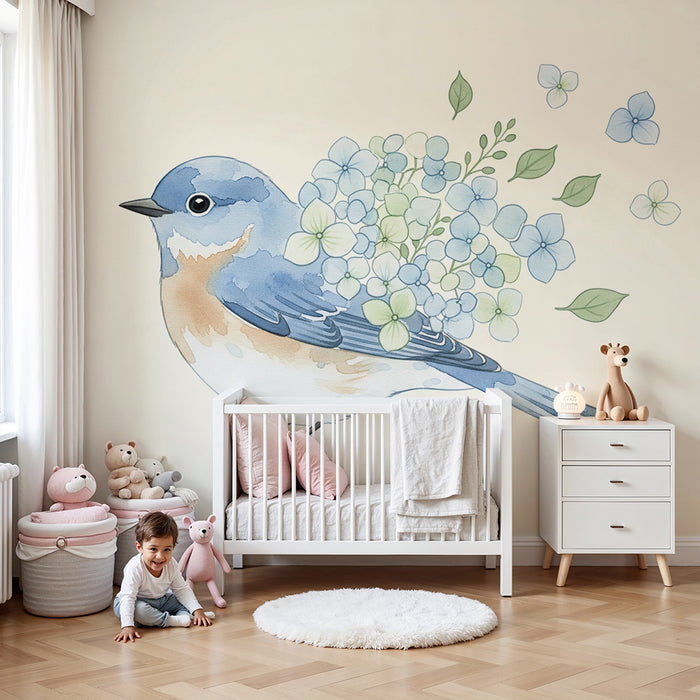 Papier peint chambre bébé | Oiseau délicat avec fleurs pastel