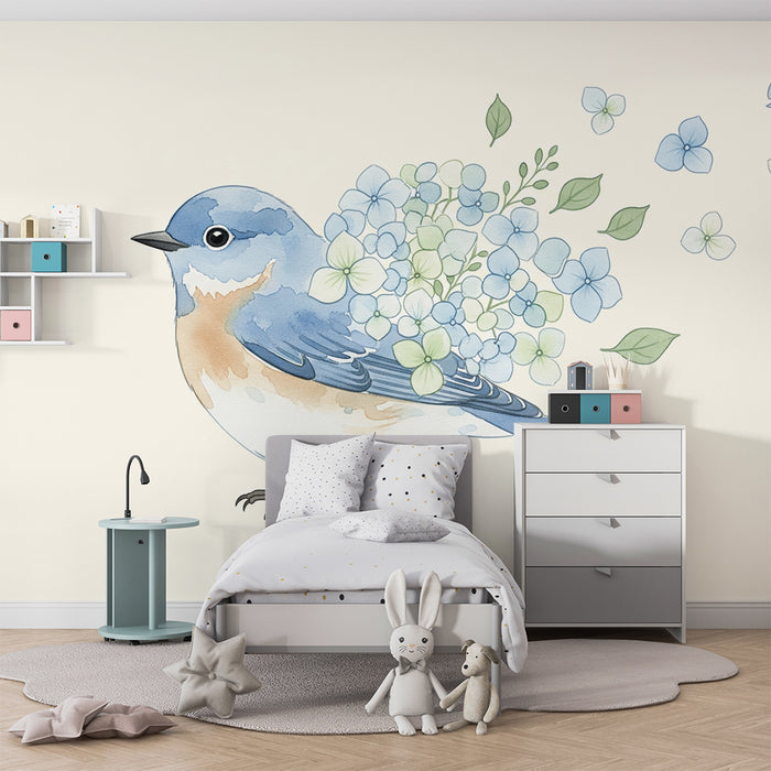 Papier peint chambre bébé | Oiseau délicat avec fleurs pastel