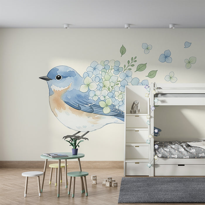 Papier peint chambre bébé | Oiseau délicat avec fleurs pastel