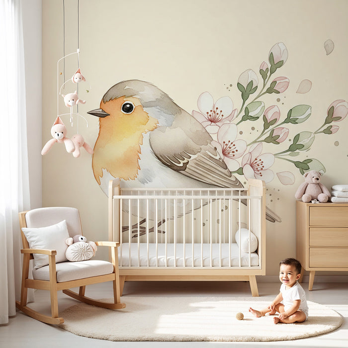 Papier peint chambre bébé | Oiseau délicat entouré de fleurs pastel