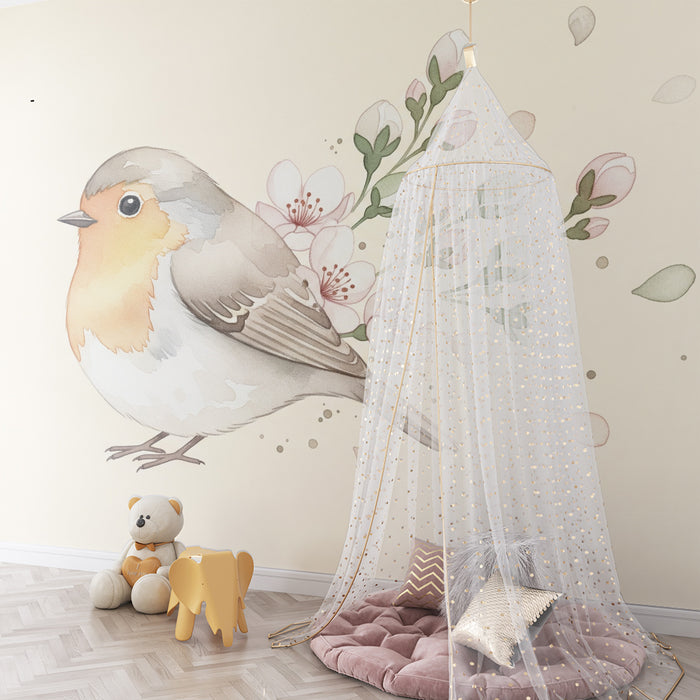 Papier peint chambre bébé | Oiseau délicat entouré de fleurs pastel