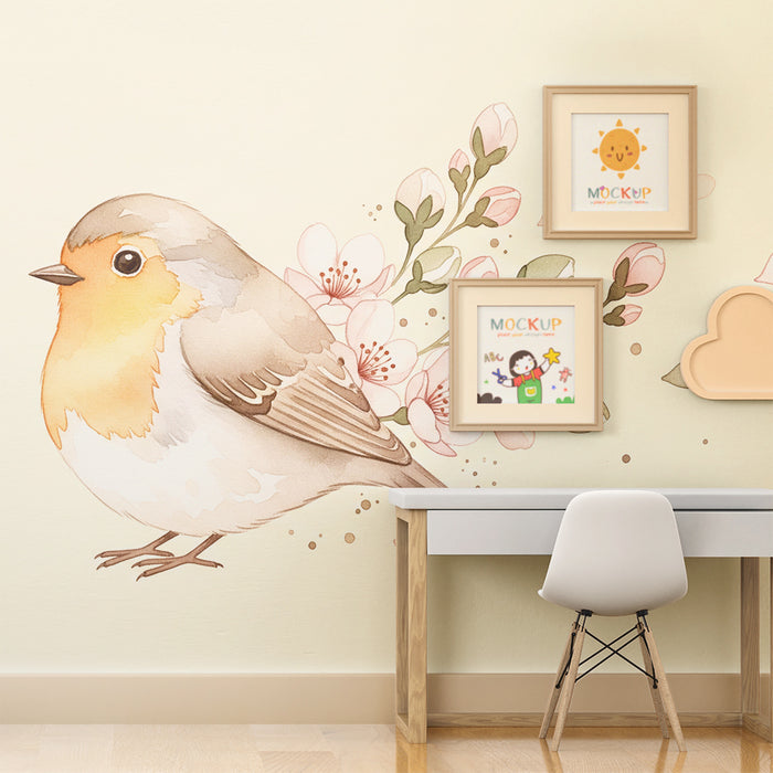 Papier peint chambre bébé | Oiseau délicat entouré de fleurs pastel
