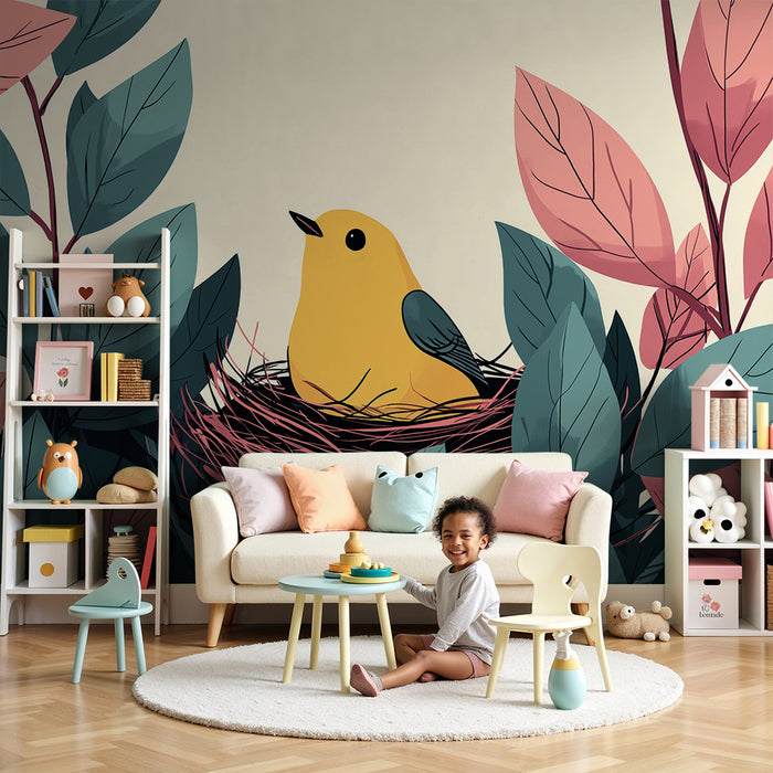 Barntapet | Gul fågel i sitt bo omgiven av färgglada löv
