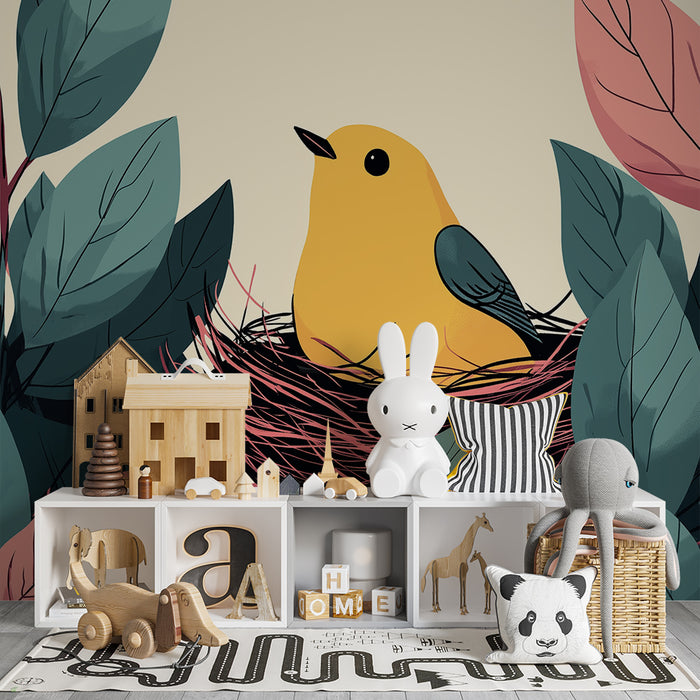 Barntapet | Gul fågel i sitt bo omgiven av färgglada löv