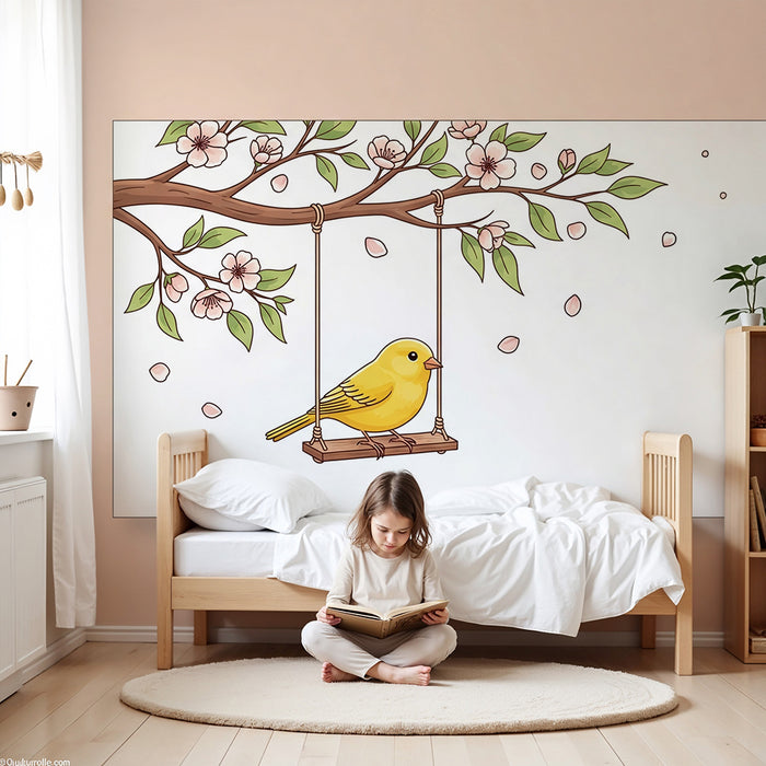 Papier peint chambre bébé | Oiseau jaune sur une balançoire entouré de fleurs