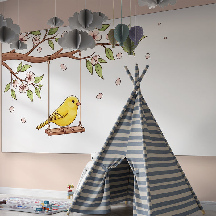 Papier peint chambre bébé | Oiseau jaune sur une balançoire entouré de fleurs