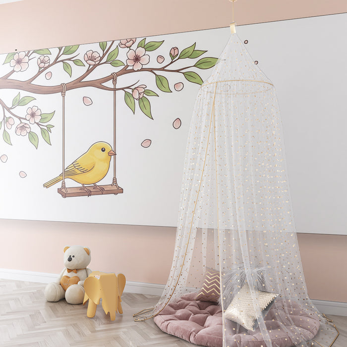 Papier peint chambre bébé | Oiseau jaune sur une balançoire entouré de fleurs