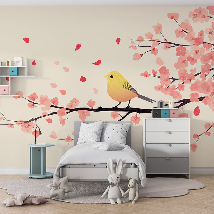 Papier de parede quarto bebê | Žuti ptica na grani cvjetajućeg trešnjinog drveta