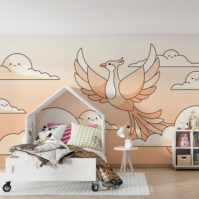 Papier peint chambre bébé | Oiseau majestueux et nuages souriants dans des tons doux