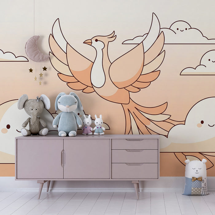 Papier peint chambre bébé | Oiseau majestueux et nuages souriants dans des tons doux