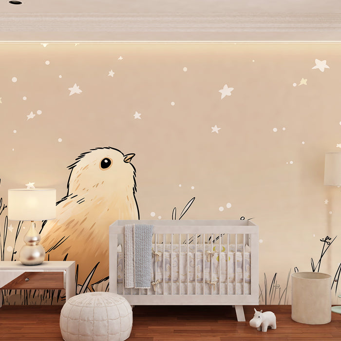 Nursery room wallpaper | Cute bird under a starry sky