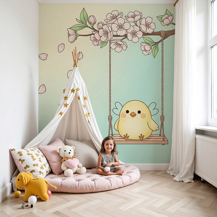 Nursery Wallpaper | Cute Bird on a Swing Under Cherry Blossoms