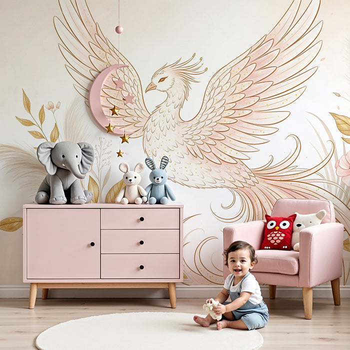Lastenhuoneen tapetti | Myyttinen lintu ja herkät kukat pehmeissä sävyissä