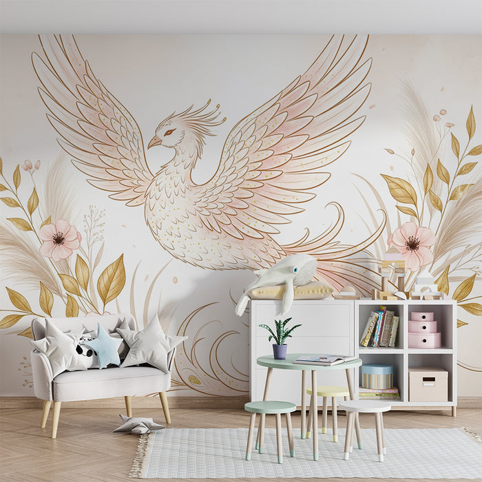 Lastenhuoneen tapetti | Myyttinen lintu ja herkät kukat pehmeissä sävyissä