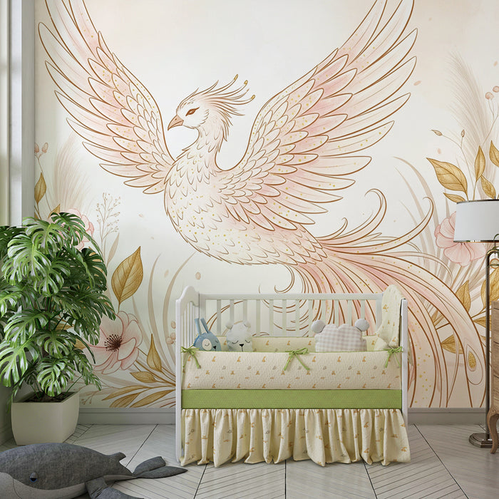 Lastenhuoneen tapetti | Myyttinen lintu ja herkät kukat pehmeissä sävyissä