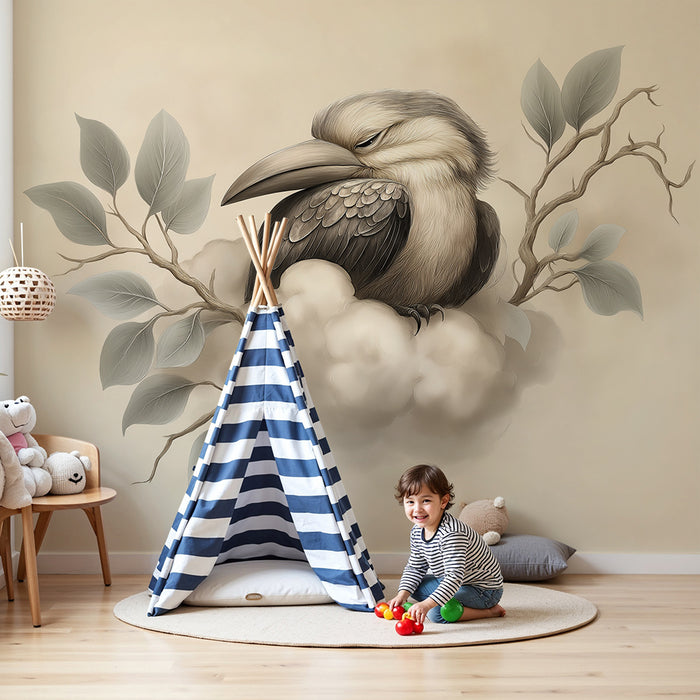 Behang kinderkamer | Rustige vogel op een wolk met delicaat gebladerte