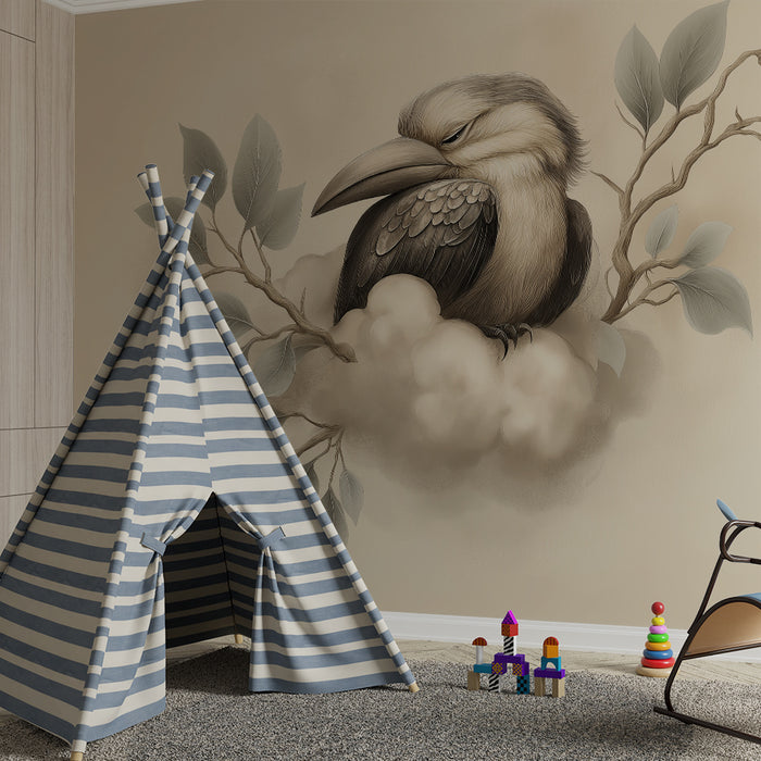 Behang kinderkamer | Rustige vogel op een wolk met delicaat gebladerte