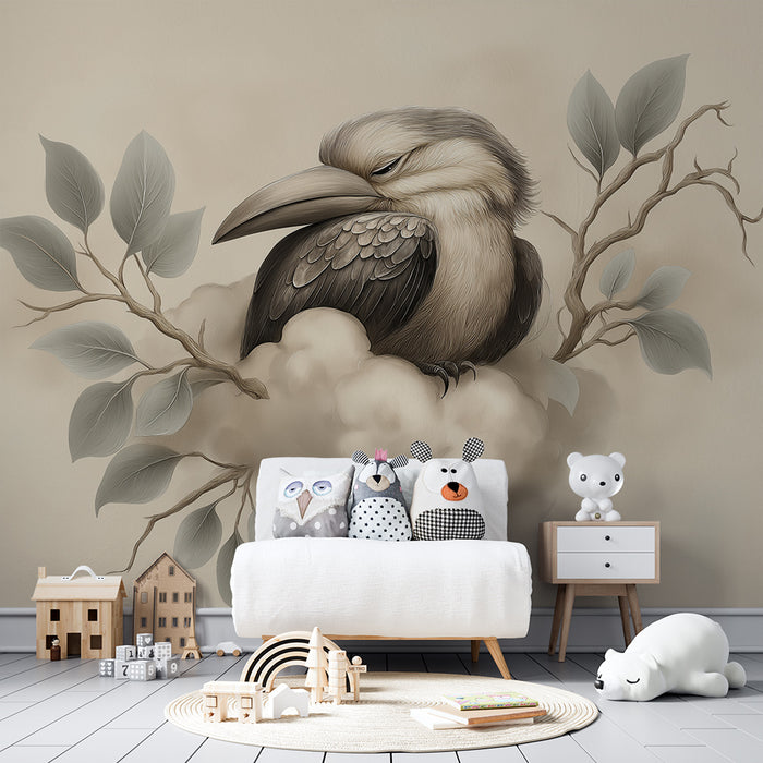 Behang kinderkamer | Rustige vogel op een wolk met delicaat gebladerte