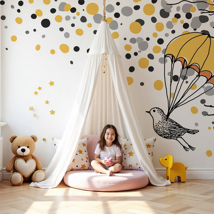 Lastenhuoneen tapetti | laskuvarjohyppääjä värikkäiden kuplien keskellä