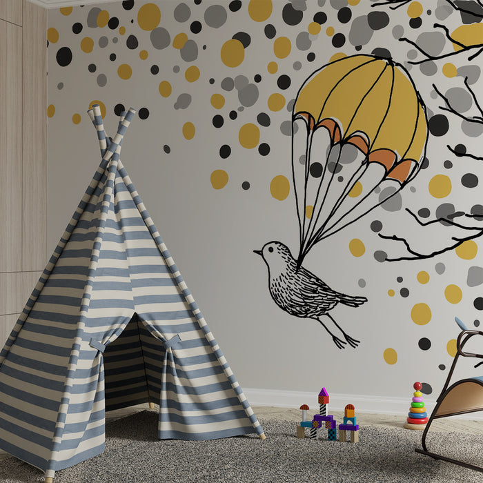 Lastenhuoneen tapetti | laskuvarjohyppääjä värikkäiden kuplien keskellä