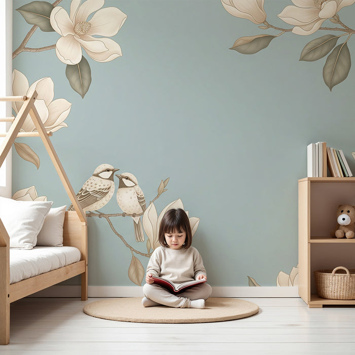 Papier peint chambre bébé | Oiseaux amoureux et fleurs de magnolia sur fond bleu