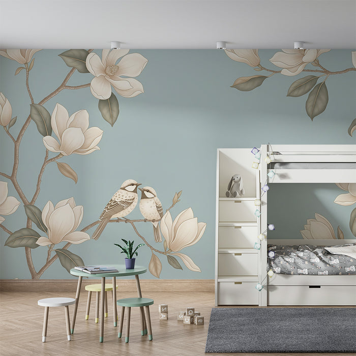 Papier peint chambre bébé | Oiseaux amoureux et fleurs de magnolia sur fond bleu