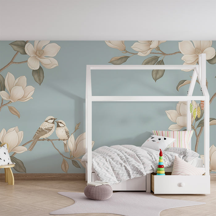 Papier peint chambre bébé | Oiseaux amoureux et fleurs de magnolia sur fond bleu
