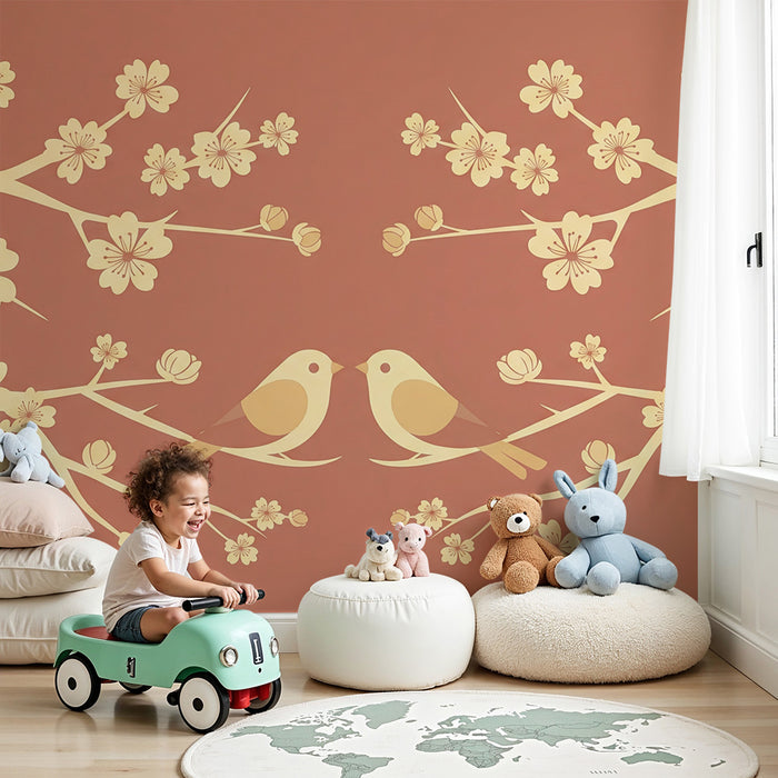 Papier peint chambre bébé | Oiseaux amoureux sous les fleurs de cerisier